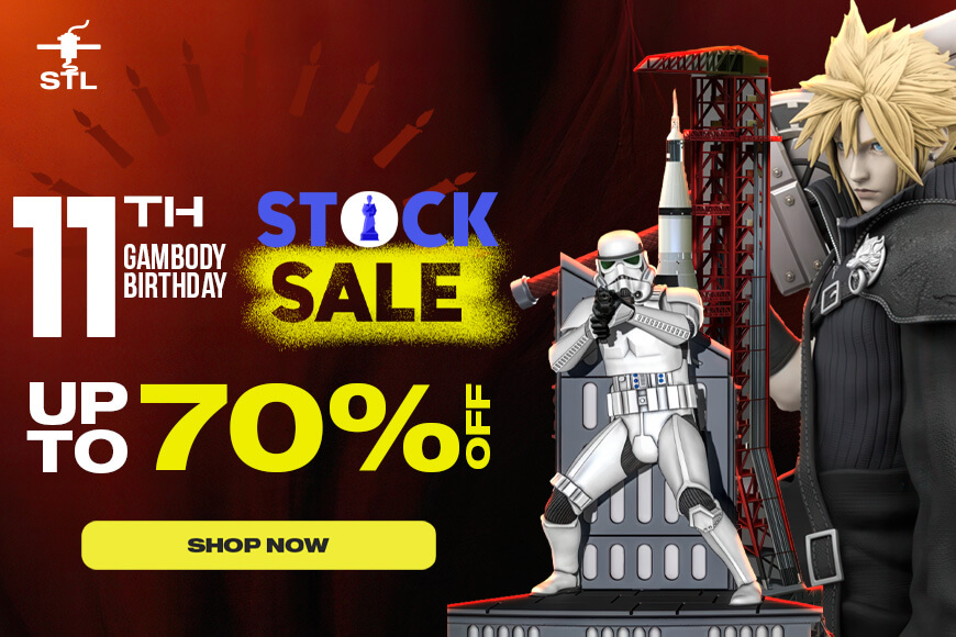 Promo for Gambody's 11th Birthday Stock Sale with up to 70% off. Features sci-fi and fantasy figures.