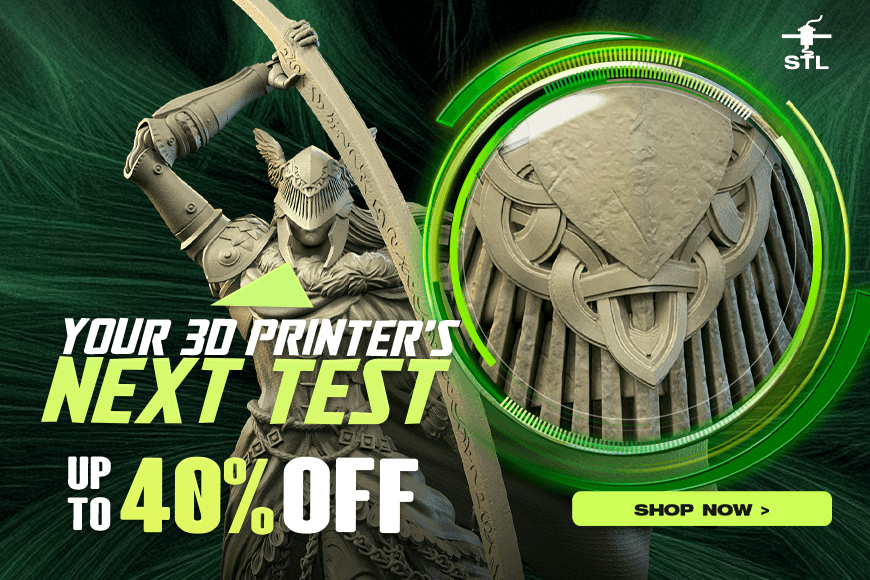 Discount promo for 3D models featuring a warrior figure. Text reads: 'Your 3D Printer's Next Test, Up to 40% Off'.