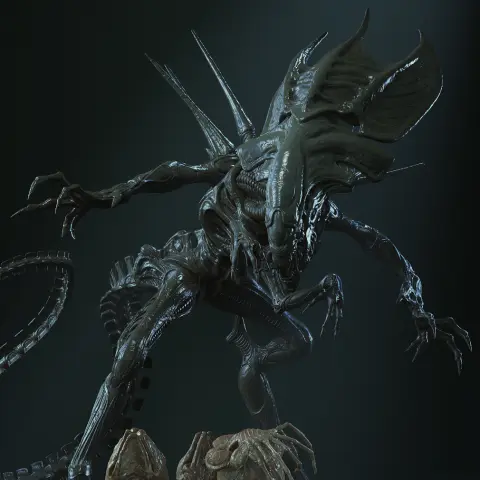 Alien queen creature with elongated head, sharp claws, and segmented tail, standing menacingly.