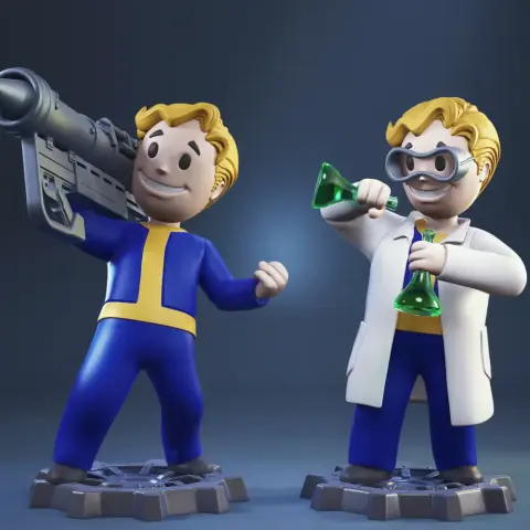Two Vault Boy figures; one holds a big gun, the other wears goggles and holds a beaker.