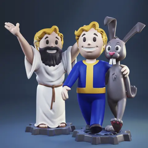 Two cartoonish 3D figures; one with a rabbit, one gesturing with arms up, on Gambody bases.